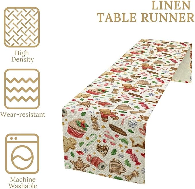 Christmas Table Runner, Christmas Gingerbread New Year Xmas Table Cloth Kitchen Dining Table Decoration for Home Party Decor 13x36 Inch