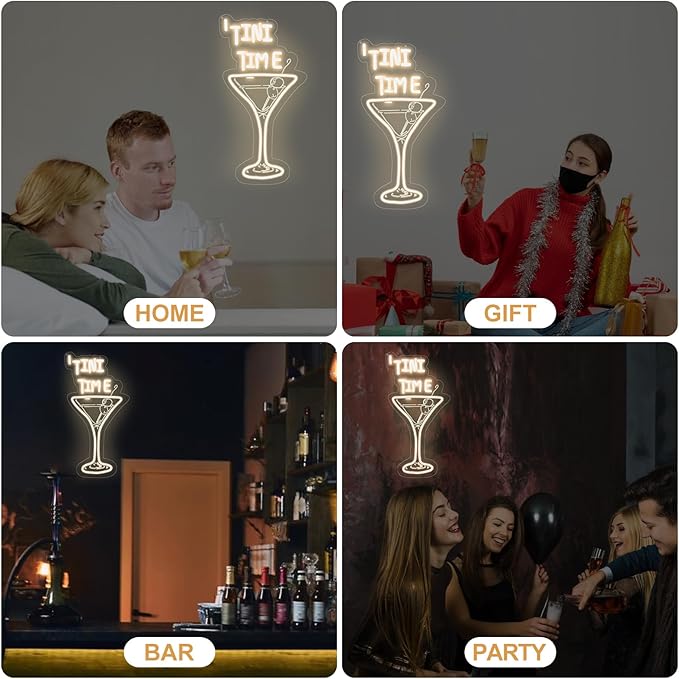 Tini Time Neon Sign, Martini LED Neon Sign for Bars, Elegant Cocktail Glass Neon, Martini Cocktail Bar Wall Decor, Bar Wall Art, Pub neon, 16.5"x8.7", Warm White