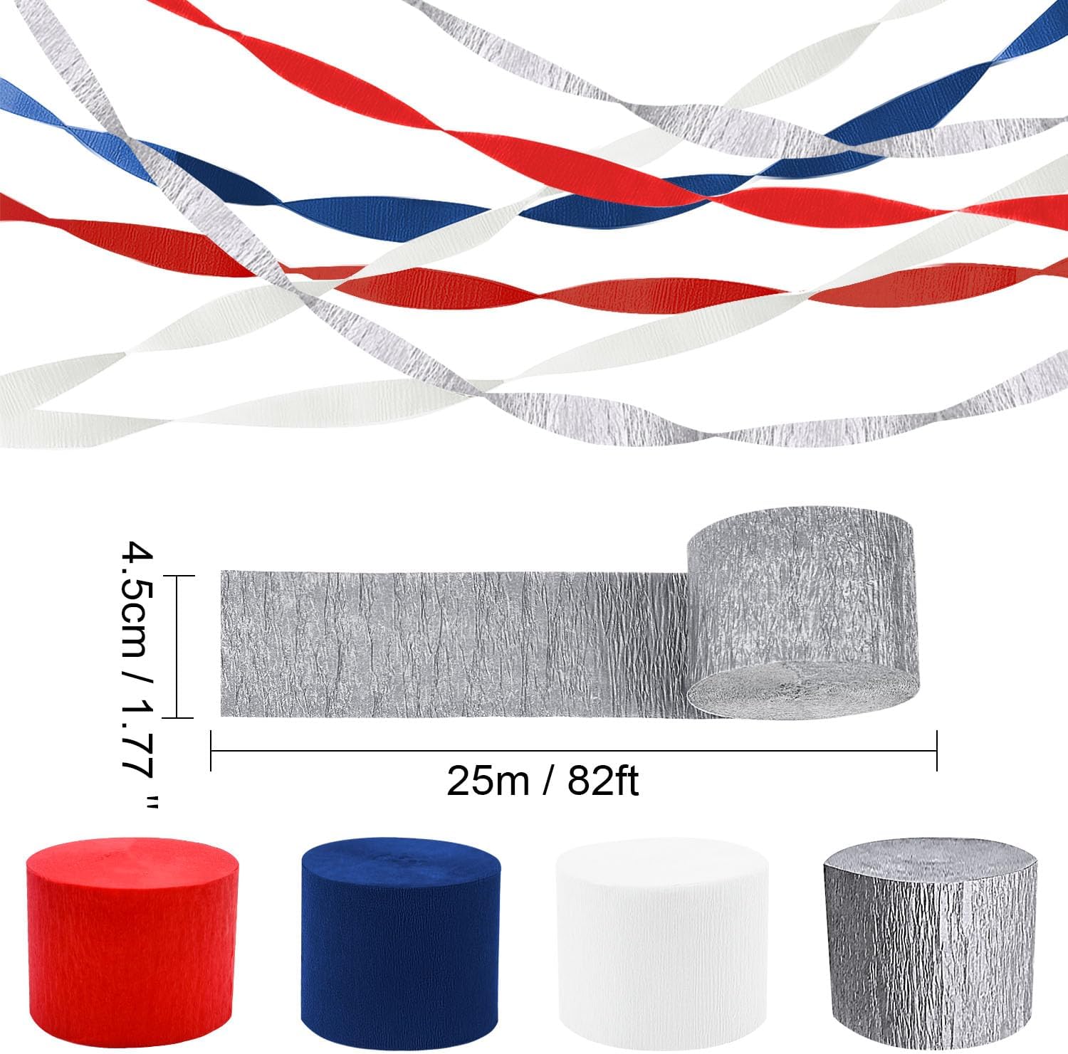PheiLa Crepe Paper Streamers 4 Rolls 328ft, Red White Blue Silver Paper Party Streamers Patriotic Decorations for 4th of July Independence Day Memorial Day Birthday Wedding Party Decoration