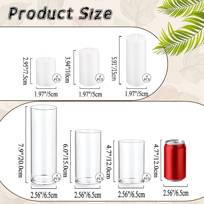 UDU Set of 12 White Pillar Candles and 12 Glass Cylinder Vases Hurricane Holders, Slim Pillar Candle Holder, Cylinder Vases for Centerpieces Wedding Table Party Home Decor(2.6" X 4.7", 5.9", 7.9")