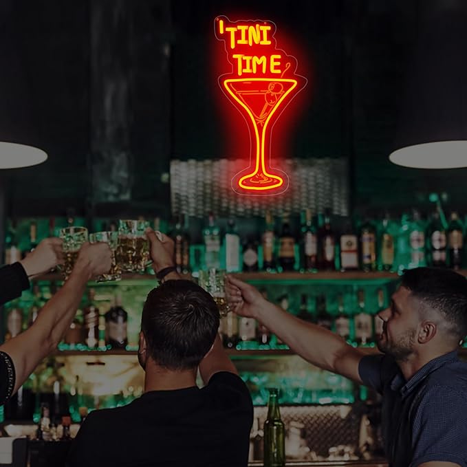 Tini Time LED Neon Sign, Martini Neon Sign for Bars, Elegant Cocktail Glass Neon, Martini Cocktail Bar Wall Decor, Bar Wall Art, Pub neon, 16.5"x8.7", Red