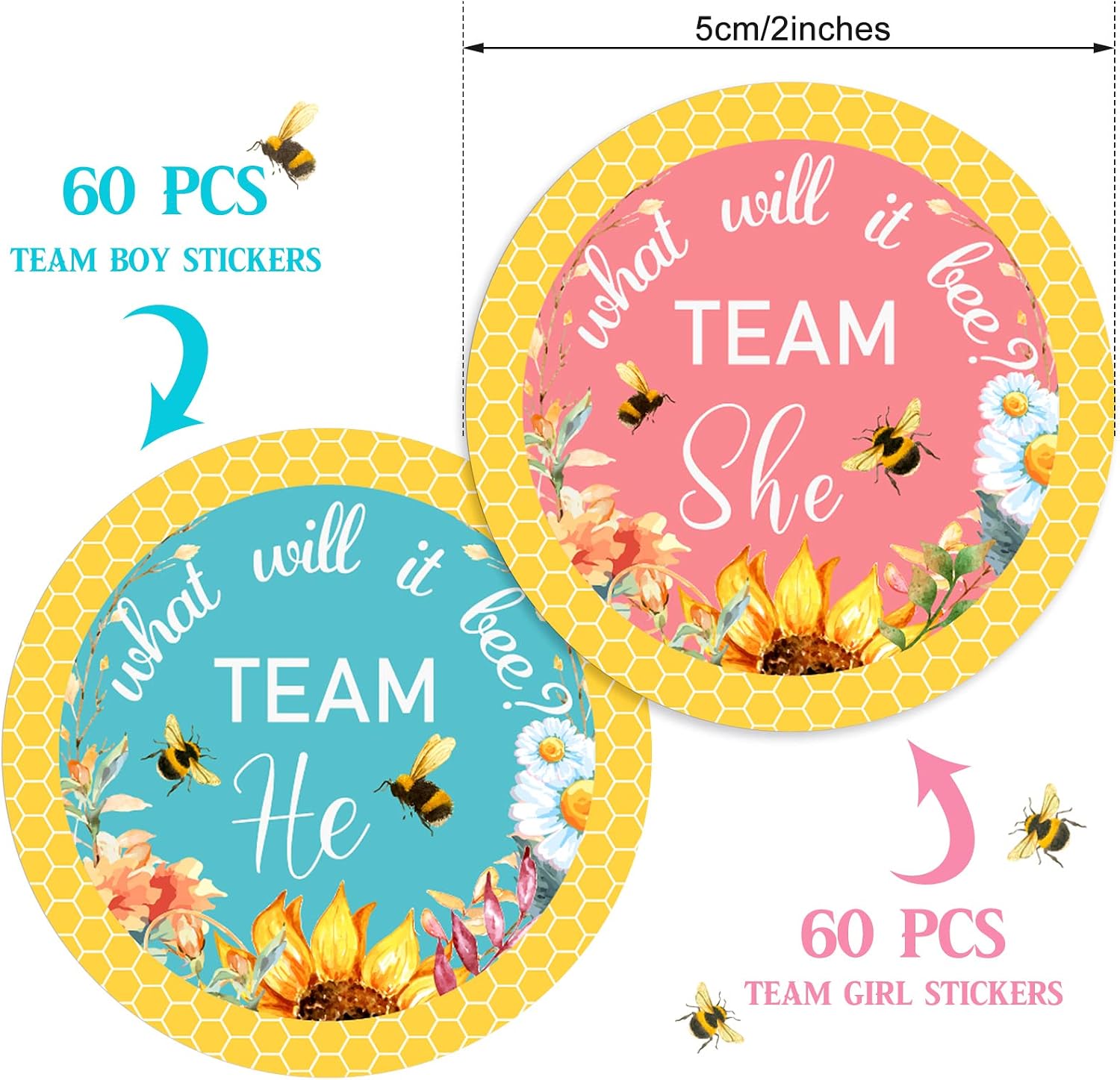 Zonon 120 Pcs Bee Baby Shower Gender Reveal Stickers 2 Inch Gold Glitter Pink Blue Team Girl or Boy Bee Team He or She Baby Shower Labels Sticker for Gender Reveal Party Games Supplies