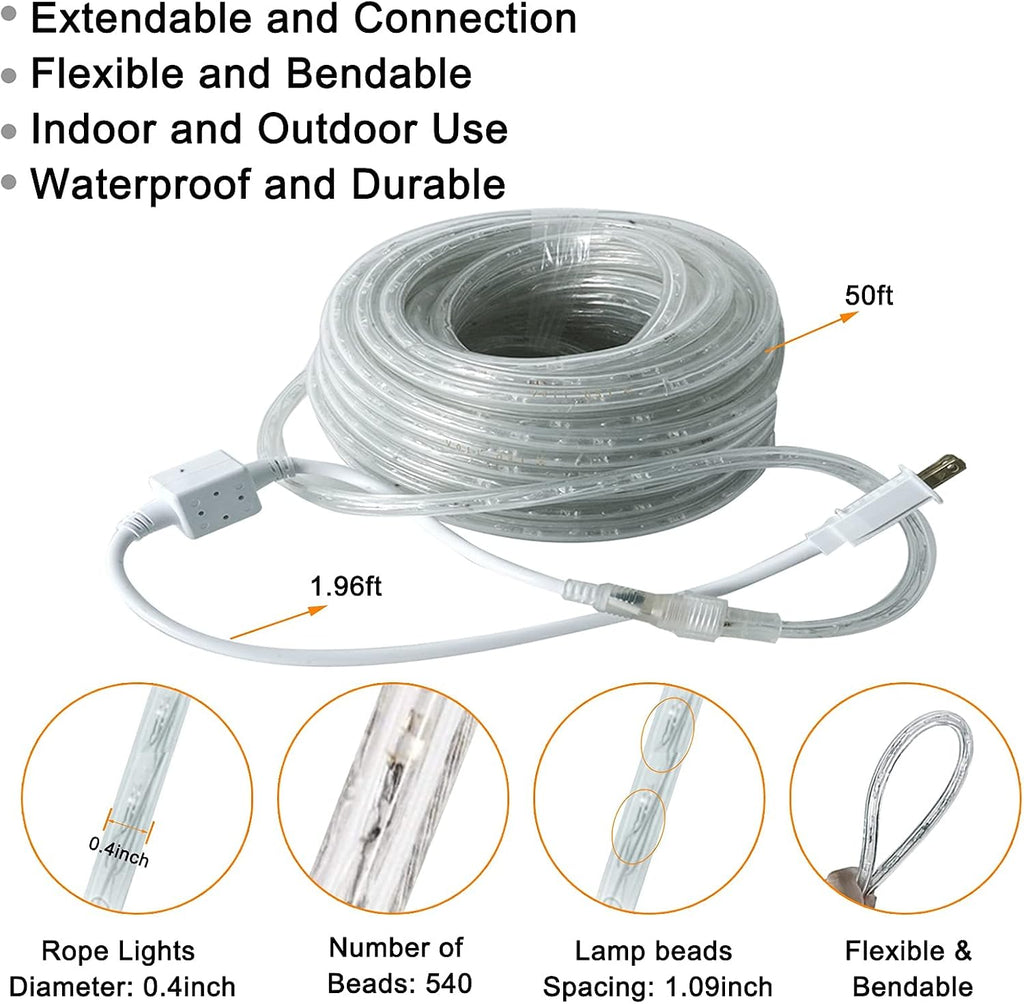 SURNIE LED Rope Lights Outdoor Warm White, Waterproof 50FT Cuttable 3000K Lighting Indoor 110V Connectable Flexible Electric Lights for Christmas Trees Bedroom Outside Patio Decor, Not Flat Strip