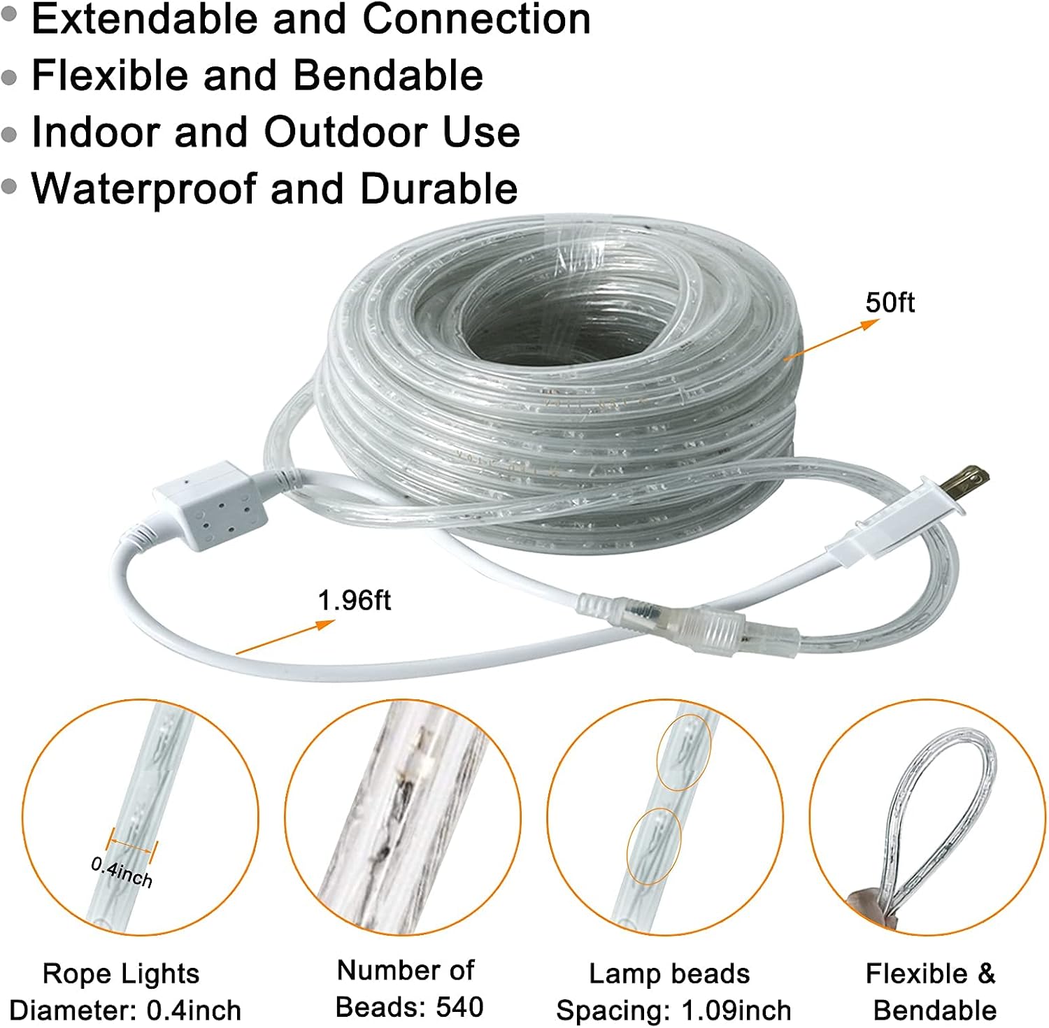 SURNIE LED Rope Lights Outdoor Warm White, Waterproof 50FT Cuttable 3000K Lighting Indoor 110V Connectable Flexible Electric Lights for Christmas Trees Bedroom Outside Patio Decor, Not Flat Strip