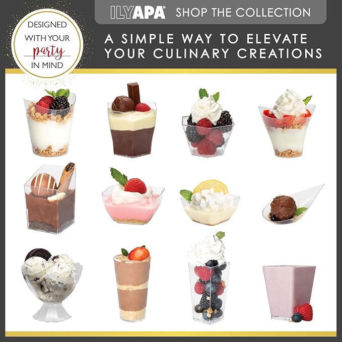 Ilyapa 3oz Plastic Dessert Cups - 100 Pack Mini Dessert Cups with Spoons - Clear Reusable Small Appetizer Cup for Cheesecake Shooters, Chocolate Mousse - Party and Catering Supplies - Square Silver