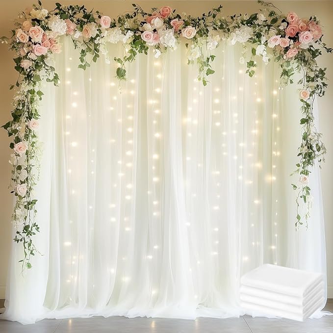 Fomcet Tulle Curtains with Lights String Ivory 20FT X 8FT Sheer Backdrop Curtains for Parties Wedding Baby Shower Photo Shoot Decorations (4 Panels 5 x 8FT)