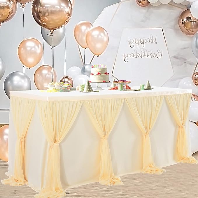 14ft Champagne Table Skirt Tulle Wedding Table Cloth Elegant Tutu Table Skirt Cover for Birthday Party Baby Shower Dessert Buffet Banquet Table Decorations