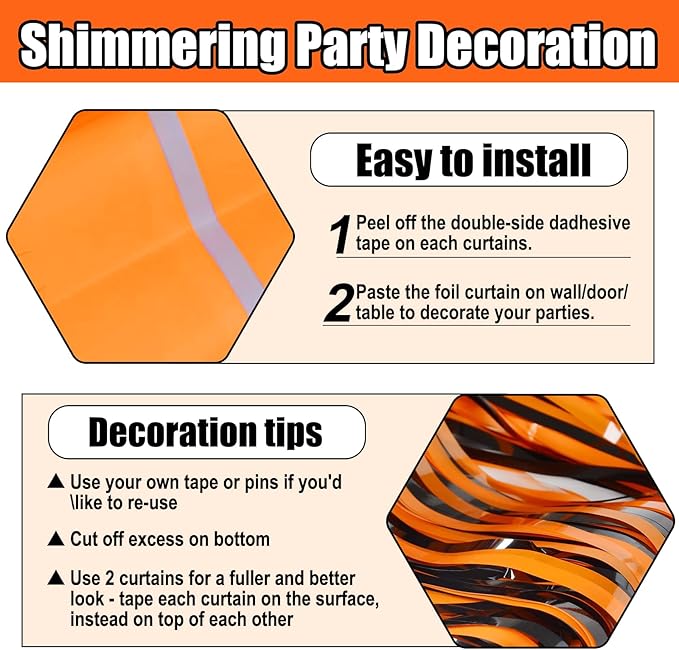 6 Pack Black Orange Foil Fringe Curtain Backdrop, 3.28Ft x 8.2Ft Metallic Tinsel Foil Fringe Streamer Curtains for Photo Booth, Birthday, Wedding, New Year Party Decorations