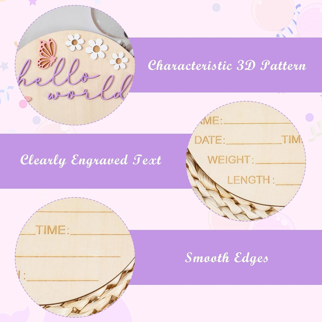Hello World Newborn Sign, 5.9 Inch Wooden Baby Announcement Sign Pink Butterfly Style Birth Welcome Board for Newborn Boys Girls Photo Props Baby Shower Hospital Nursery (Purple)