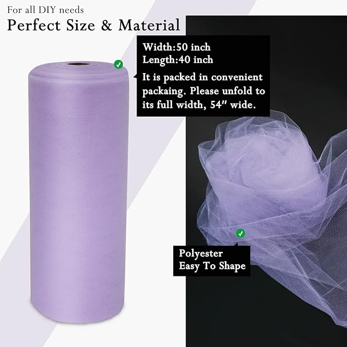 Lavender Tulle Fabric Rolls 54 Inch by 40 Yards Tulle Bolt Spool for Wedding Decorations DIY Tutu Baby Shower Table Skirt Ceiling Decor Birthday Party Craft Supplies