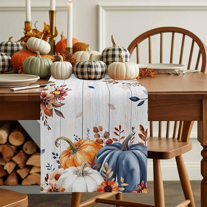 Thanksgiving Fall Cotton Linen Table Runner for Dining Kitchen, Pumpkins Eucalyptus Wedding Outdoor Party Tablerunners Decoration Farmhouse Wooden Dresser Scarf Coffee Tablecloth Runners 13x120 Inches