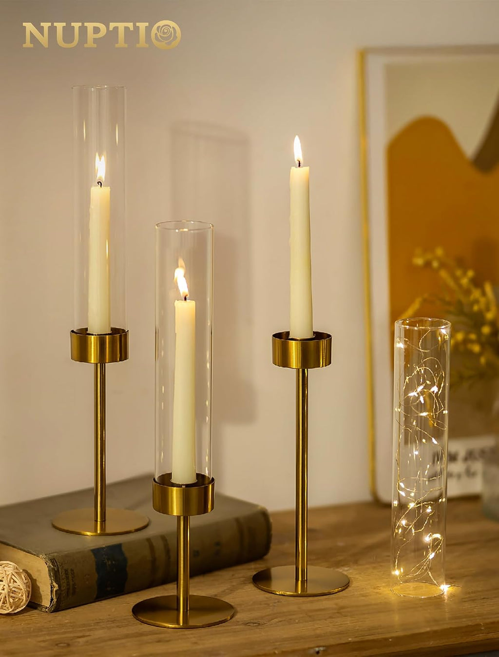 NUPTIO Hurricane Candle Holder for Centerpiece: Set of 6 Gold Taper Candle Holders Bulk - Tall Brass Candlestick Holders with Cylinder Shape Cover for Dinner Table Christmas Decor