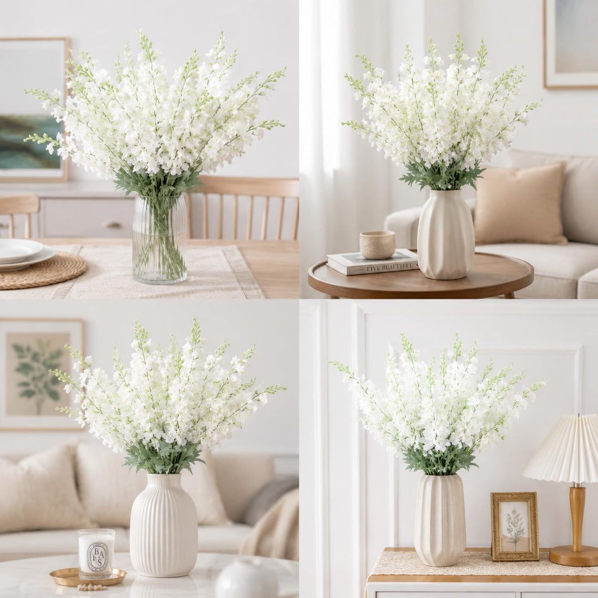 thiccywoov 50 pcs white delphinium artificial flower bulk shown in use