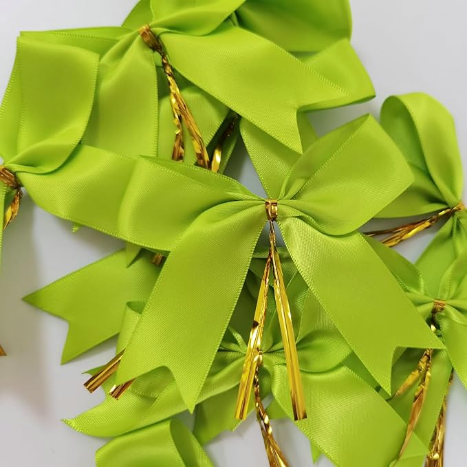 50 pcs 3-1/2" Apple Green Satin Ribbon Twist Tie Bows for Spring Gift Wrapping with Fish Tails (Lt.Green)
