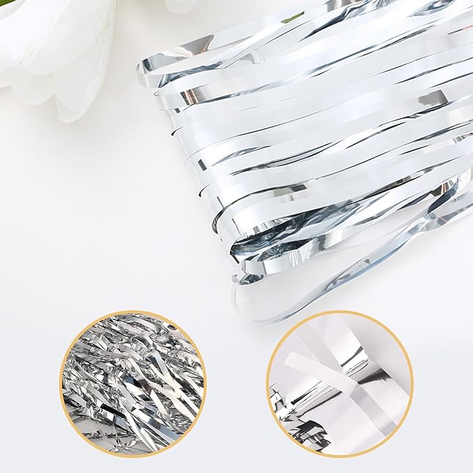 5 Pack Silver Foil Curtain Backdrop 3.2ft x 9.8ft Metallic Tinsel Foil Fringe Curtains Streamer Photo Booth Backdrop for Birthday Party Engagement Bachelorette Party Decorations (Silver)
