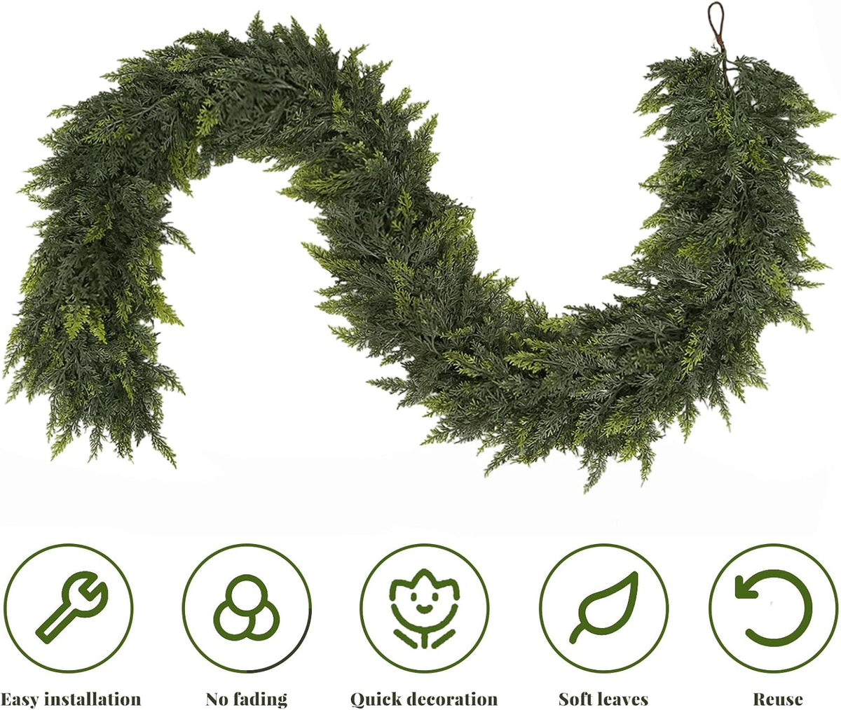 9ft christmas garland, real touch cedar garland, close-up detail