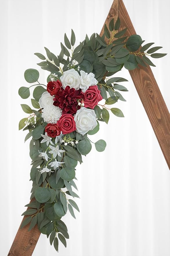 Artificial Flower Swag Set of 2 for Wedding Welcome Signs and Arch Flowers, Red Floral Decorations for Ceremony