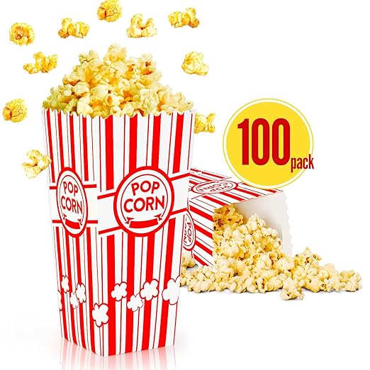 ZEEGO0 100-Pack Popcorn Boxes, Sturdy and Durable Popcorn Bucket, 7.75in Tall Large Capacity Containers, Cups & Bowls, Convenient Movie Night Supplies, Perfect for Families, Parties, Carnivals