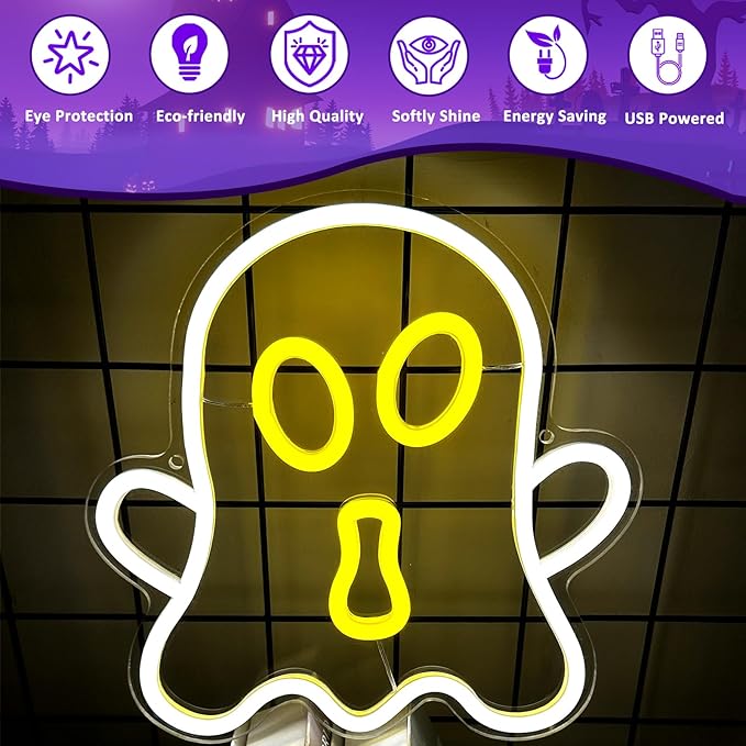 Halloween White Ghost Neon Sign Halloween, USB Halloween Neon LED Light for Wall Decor, White Ghost Halloween Sign Decorations for Home Bar Salon Coffee Stores Porch Front Door