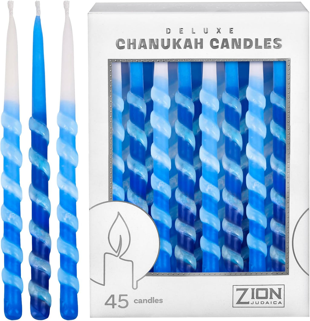 Zion Judaica Ltd Set of 45 Dripless Hanukkah Candles Spiral Candle Includes a DIY Dreidel, Prayer Card, Standard Size Menorah Candles for Eight Nights of Chanukah, Multi Tone Blue and White Ombre