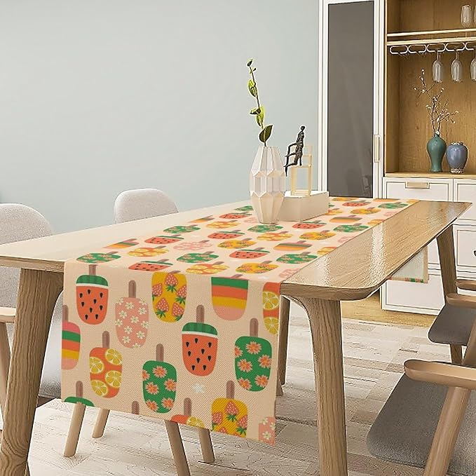 Summer Popsicles Table Runner, Colorful Cute Ice Cream Childish Seasonal Dinner Runner for Party Holiday Home Kitchen Dining Table Decor 13"x120"