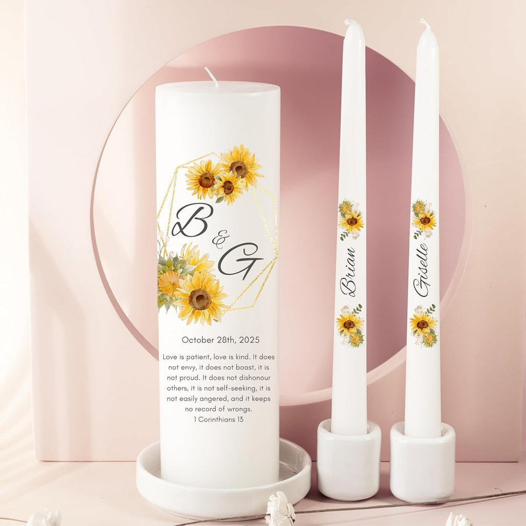 Unity Candles for Wedding, Modern Unity Set, Custom and Personalized Pillar and Taper Candles with Bible Quote, Unscented White Premium Wax, Religious and Wedding Ceremony, Special Events