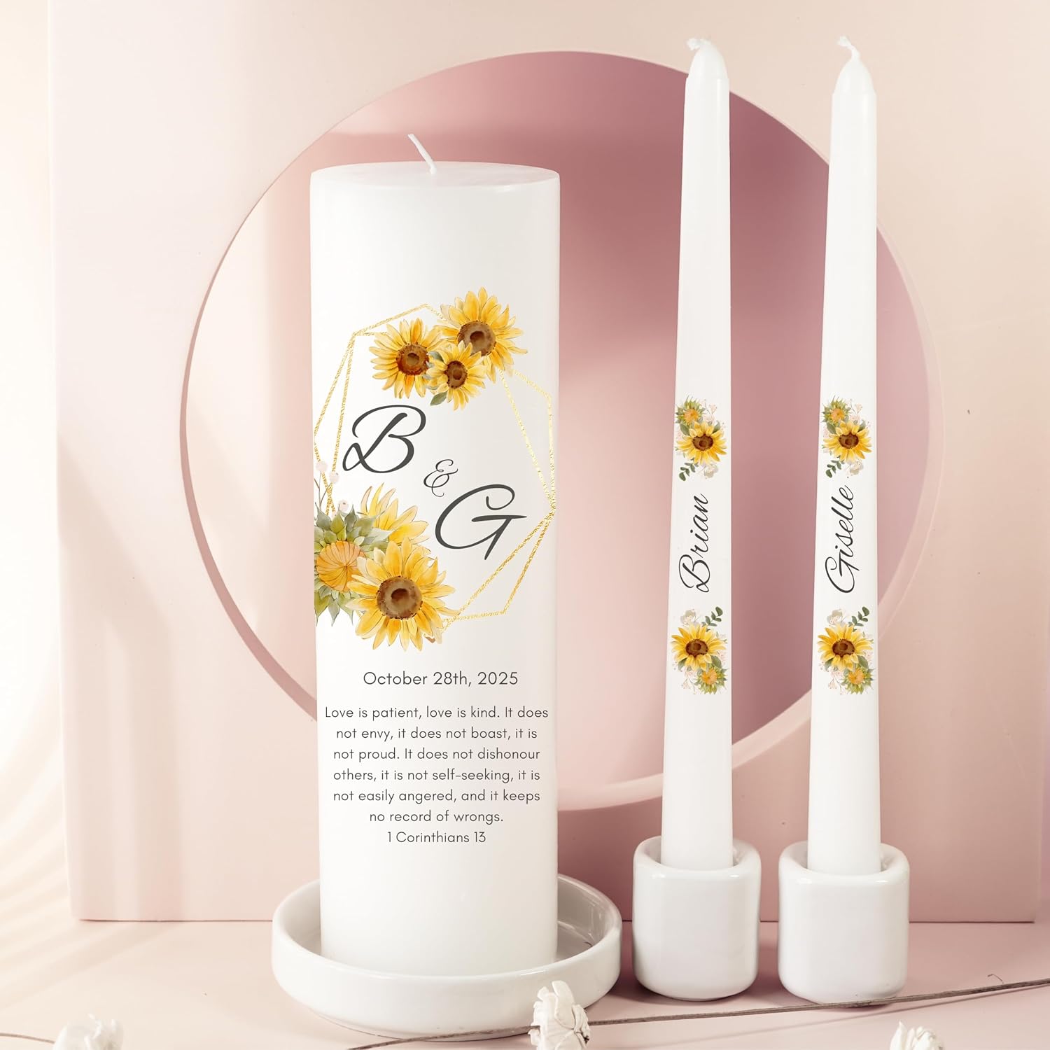 Unity Candles for Wedding, Modern Unity Set, Custom and Personalized Pillar and Taper Candles with Bible Quote, Unscented White Premium Wax, Religious and Wedding Ceremony, Special Events