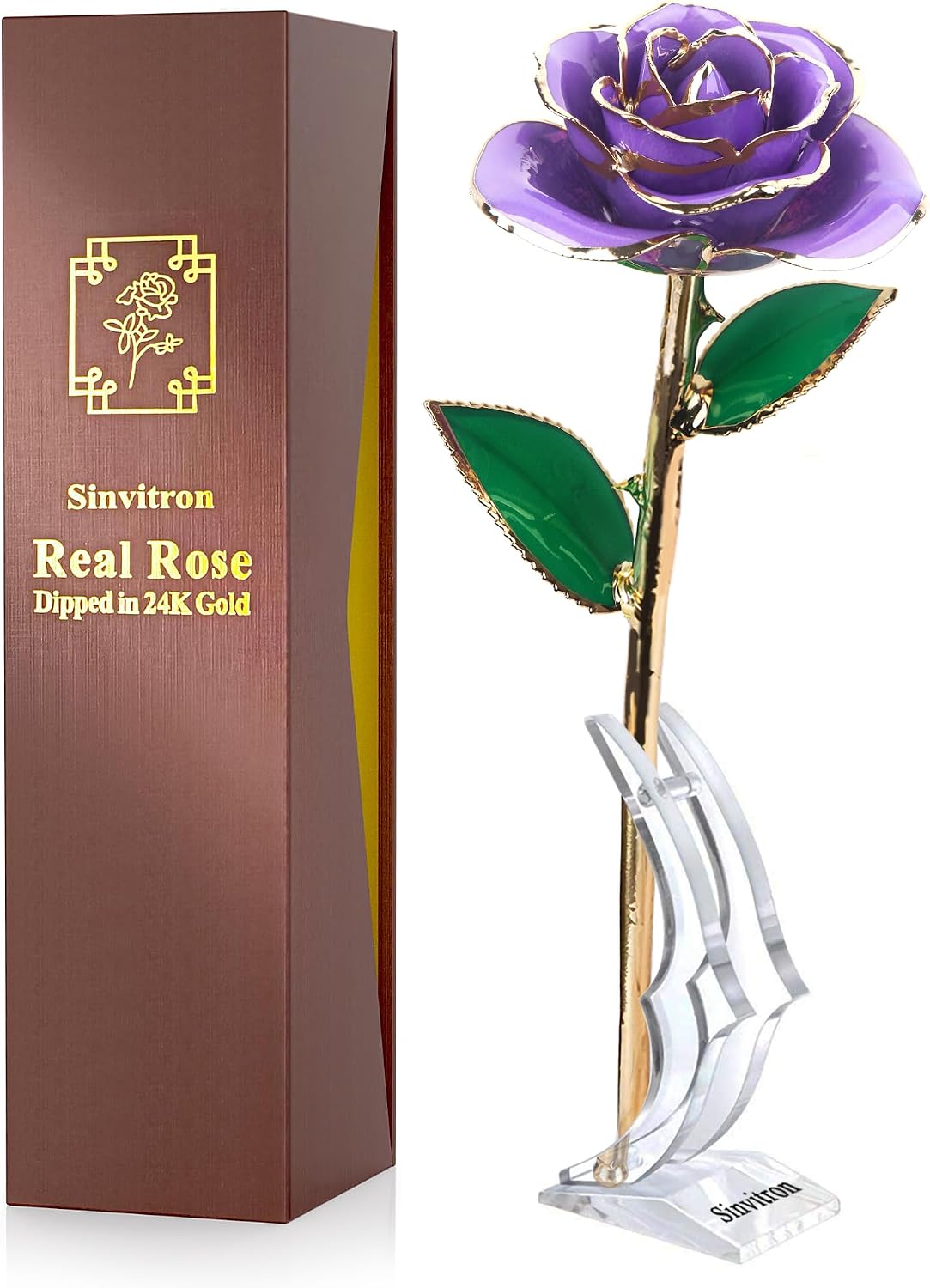 Sinvitron Gold Dipped Infinity Rose - Eternal Resin-Preserved Rose | Forever Flower Decor for Birthdays, Mother’s Day, Anniversaries | Unique Gift for Women, Mom, Wife (Lavender Purple)