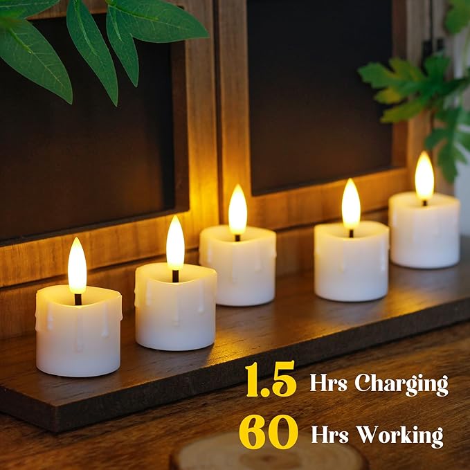 Rechargeable Flameless 1.6" x2.5" Tea Light Candles with Remote & Type-C Charging Cable, Timer LED Flickering White Plastic 9pcs Mini Dripping Wax Votive Tealight Candles