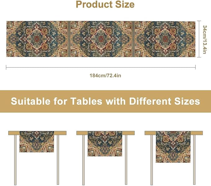 Boho Bohemia Style Table Runner, Country Rustic Farmhouse Vintahe Colorful Geometry Print Table Runner for Home Kitchen Dinner Party Holiday Decor, 13x108inch