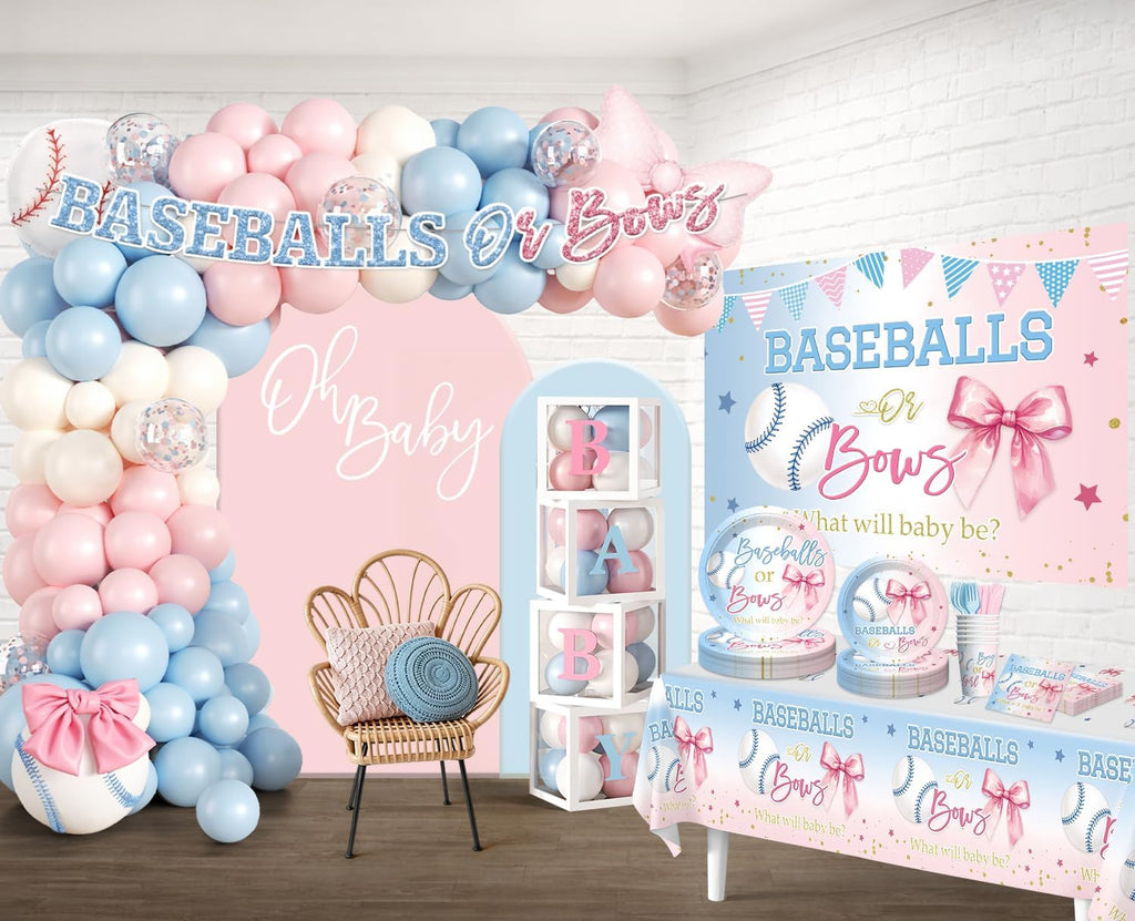 cocomigo baseballs or bows gender reveal decorations, serves, close-up detail
