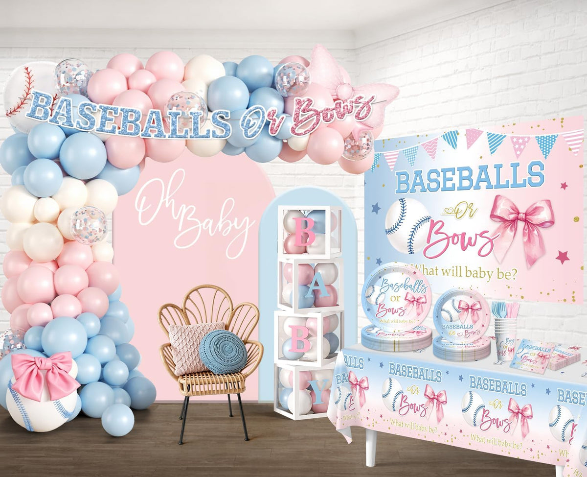 cocomigo baseballs or bows gender reveal decorations, serves, close-up detail