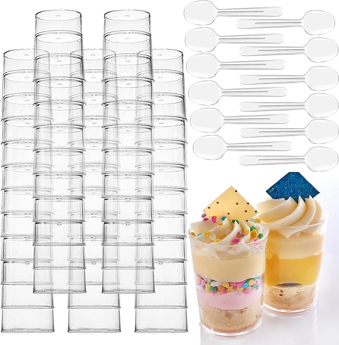 100 Pack Mini Dessert Cups, 3oz Clear Shooter Cups with Spoons, Plastic Mousse Cups for Party, Ice Cream, Puddings, Chocolate, Round Appetizer Parfait Tasting Cups