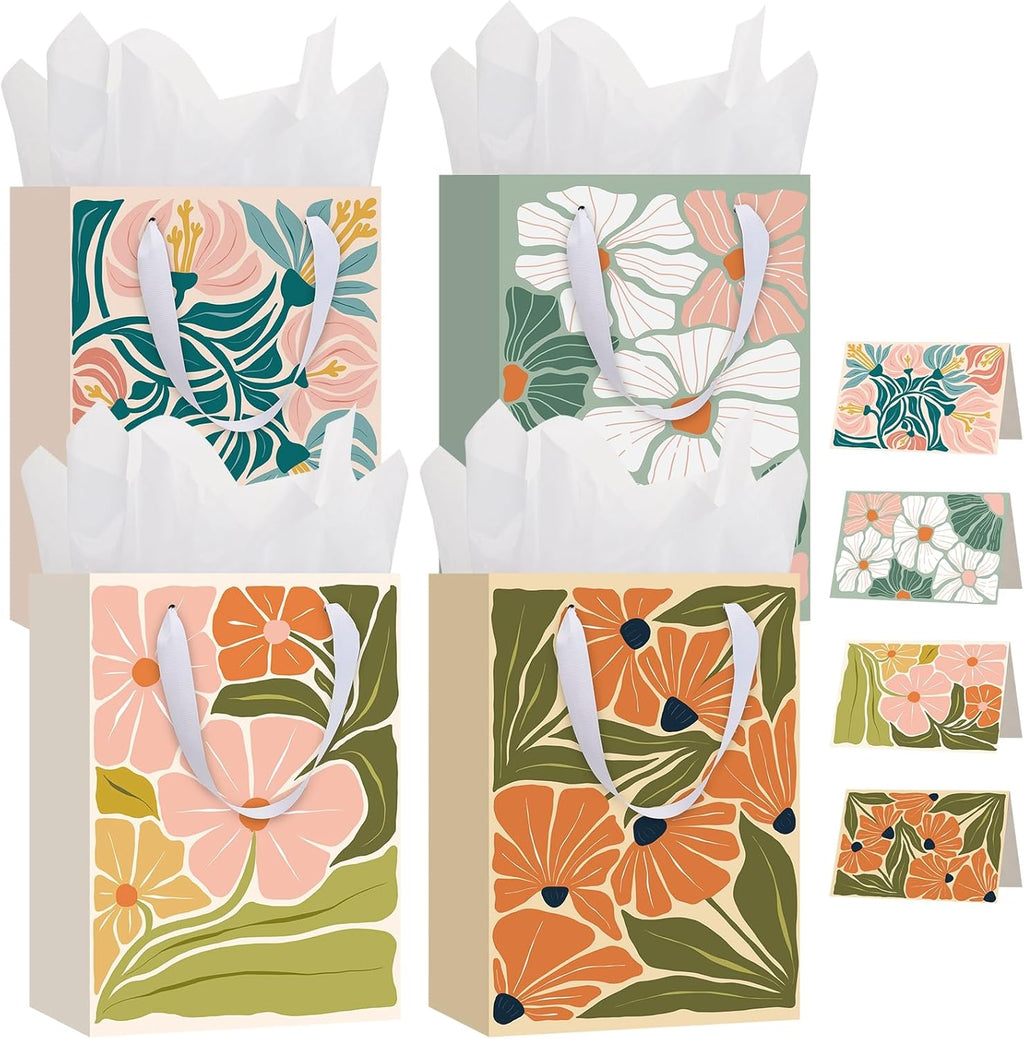 woric 10.6" Matisse Flowers Gift Bags, 4 Medium Floral Gift Bags for Women | 4 Floral Styles, Tissue Paper & Cards, Used for Wedding Bridal Showers, Baby Shower, Women Birthday, 10.6" X 7.8" X 4.7"