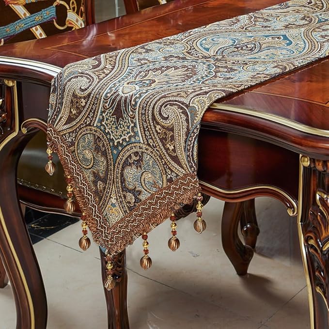 Luxury Vintage Design Table Runners 108 inches long Embroidery Jacquard Fabric with Multi-Tassels table runners for Dining Room Dresser Wedding holiday Party fireplace Decorations (Coffee, 12X108inch)
