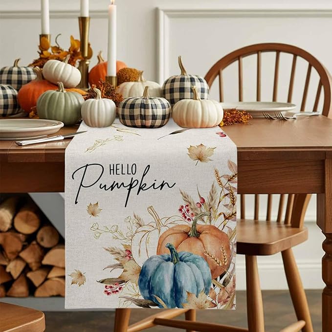 Fall Thanksgiving Cotton Linen Table Runner for Dining Kitchen, Orange Pumpkins Outdoor Party Autumn Tablerunners Decoration, Rustic Wheat Leaves Dresser Scarf Coffee Tablecloth Runners 13x60 Inches