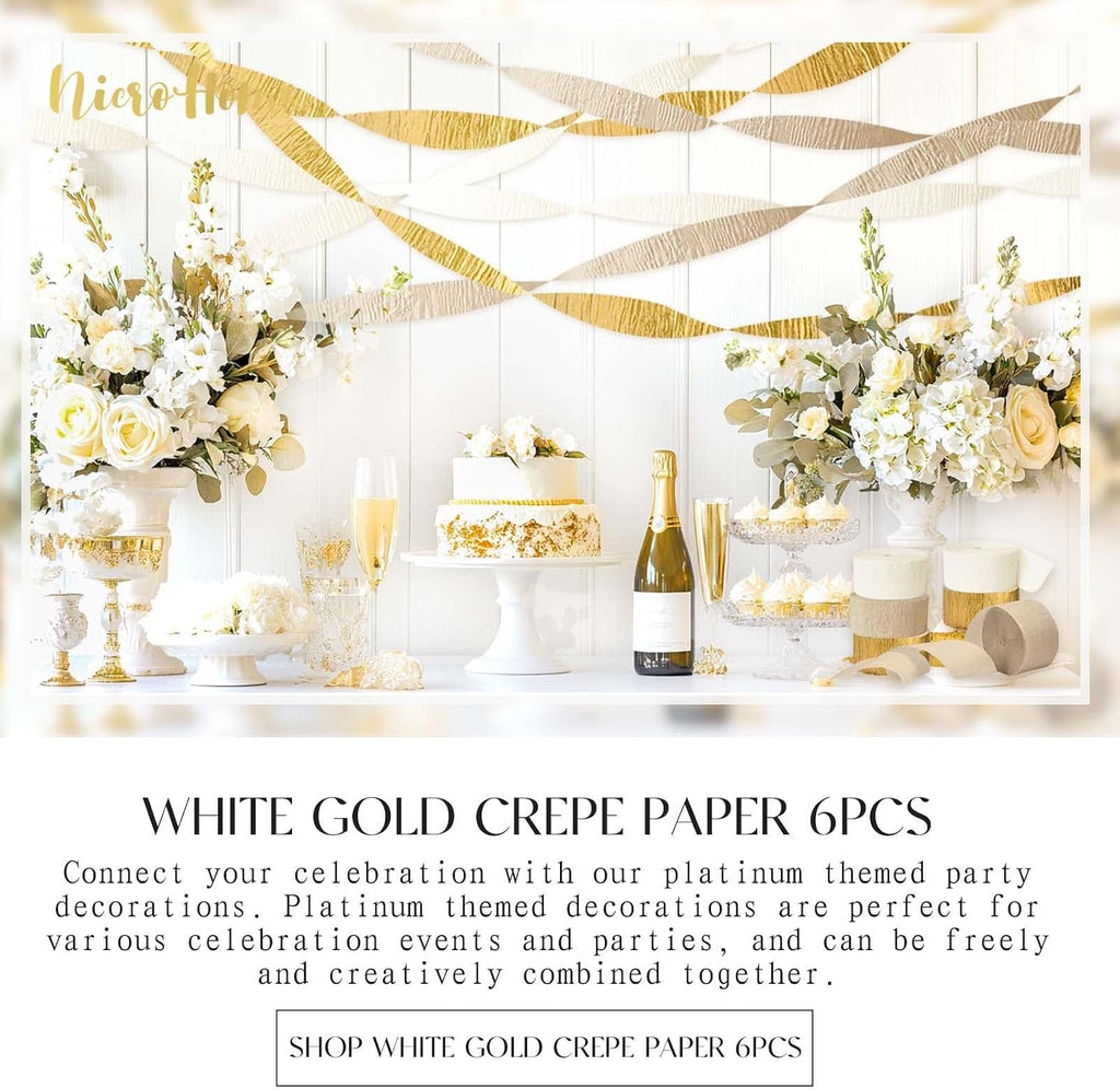NICROHOME EUR Wedding Decorations, 6 Rolls Ivory White Gold Light Brown Crepe Paper Streamers for Bridal Shower, Birthday Party, Golden Engagement Party, New Year Decorations 82 Ft Long
