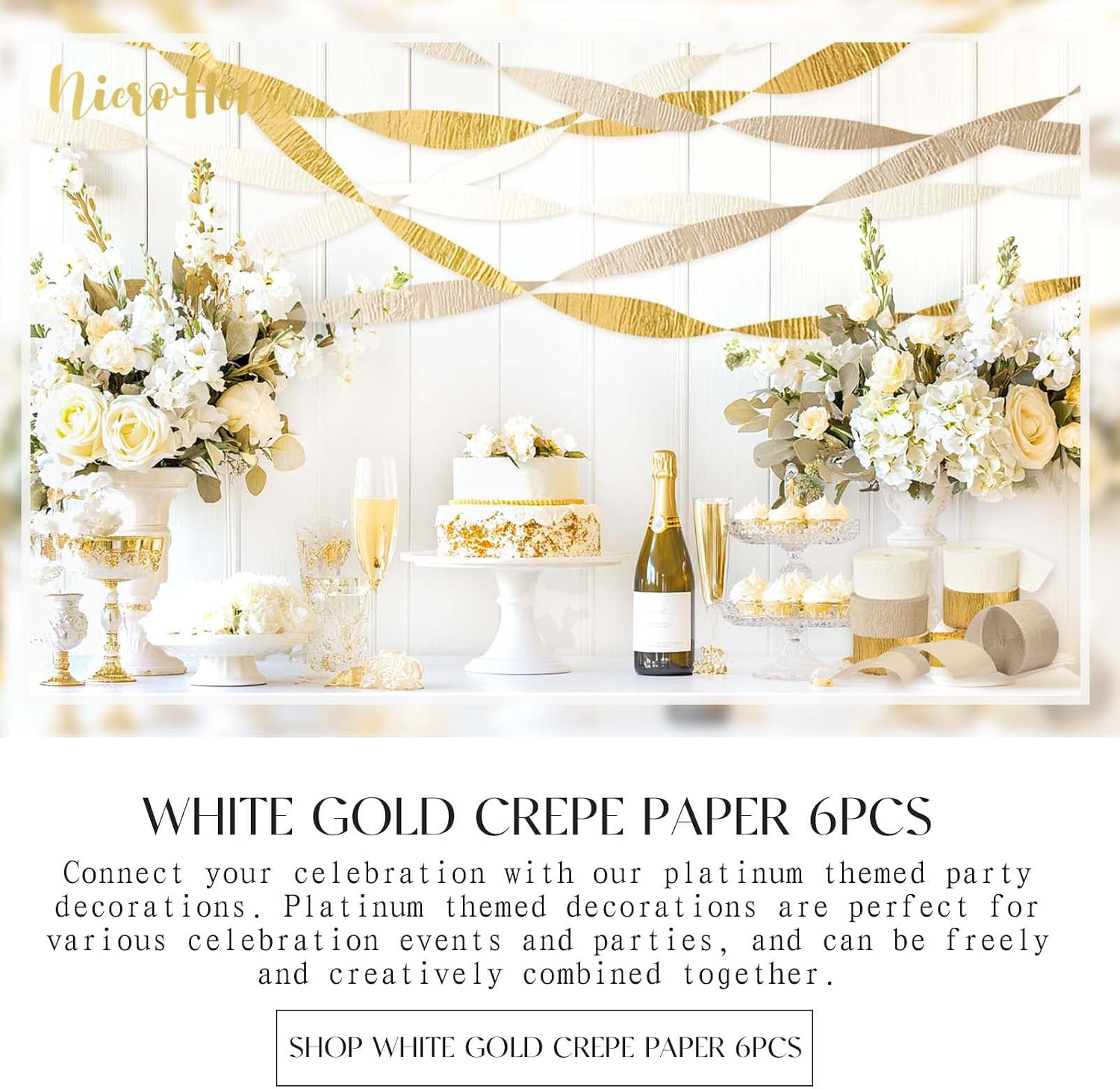 NICROHOME EUR Wedding Decorations, 6 Rolls Ivory White Gold Light Brown Crepe Paper Streamers for Bridal Shower, Birthday Party, Golden Engagement Party, New Year Decorations 82 Ft Long