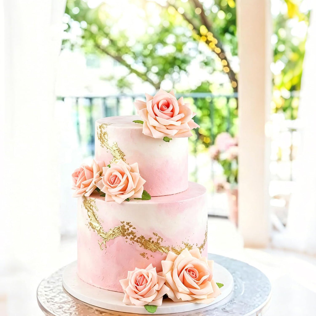 5Pcs Champagne Flower Cake Topper Artificial 3D Flowers Cake Decoration | Artificial Champagne Rose Flower, Different Sizes 3D Flowers Table Decorations,Bridal Shower, Wedding Anniversary Cake Decors