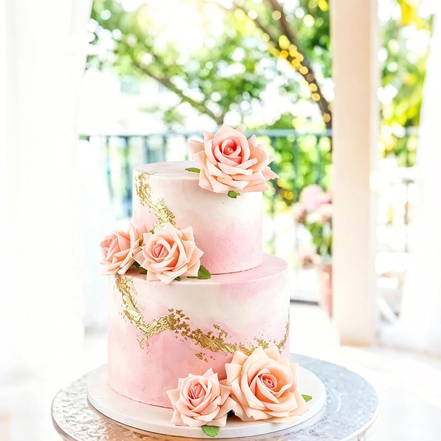 5Pcs Champagne Flower Cake Topper Artificial 3D Flowers Cake Decoration | Artificial Champagne Rose Flower, Different Sizes 3D Flowers Table Decorations,Bridal Shower, Wedding Anniversary Cake Decors