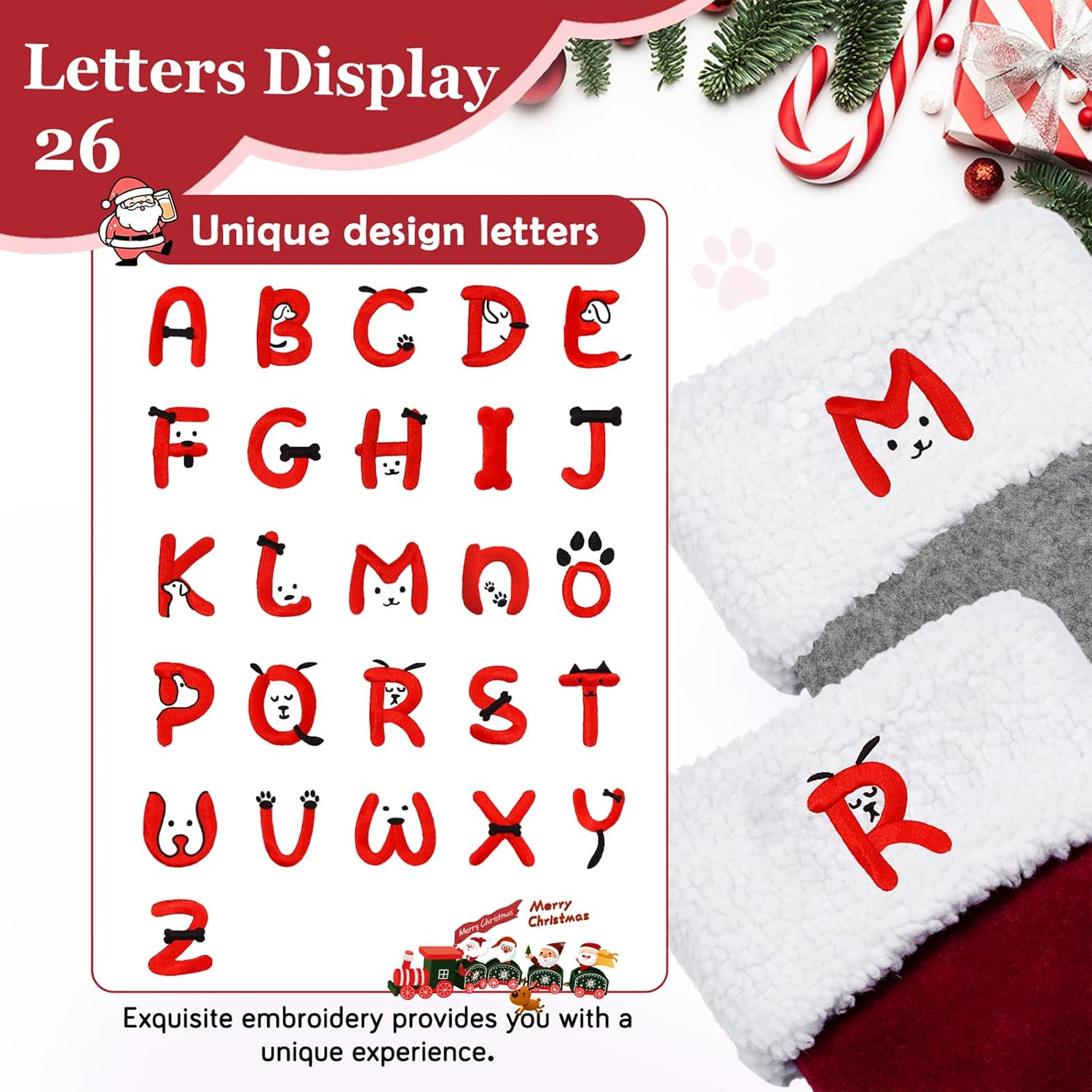 Pet Christmas Stockings with Initials, Personalized Dog Cat Paw Xmas Stockings with Letters, 17.5 in Embroidered Monogram Christmas Stockings for Pets, Red Letter B