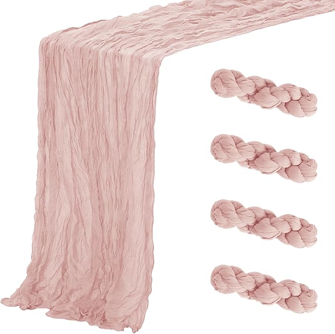 Aktor 4 Pack Dusty Pink Table Runner Boho Cheesecloth Table Runner Semi Sheer Gauze Fabric Runners for Wedding Birthday Baby Shower Party Boho Table Decoration（Dusty Pink）