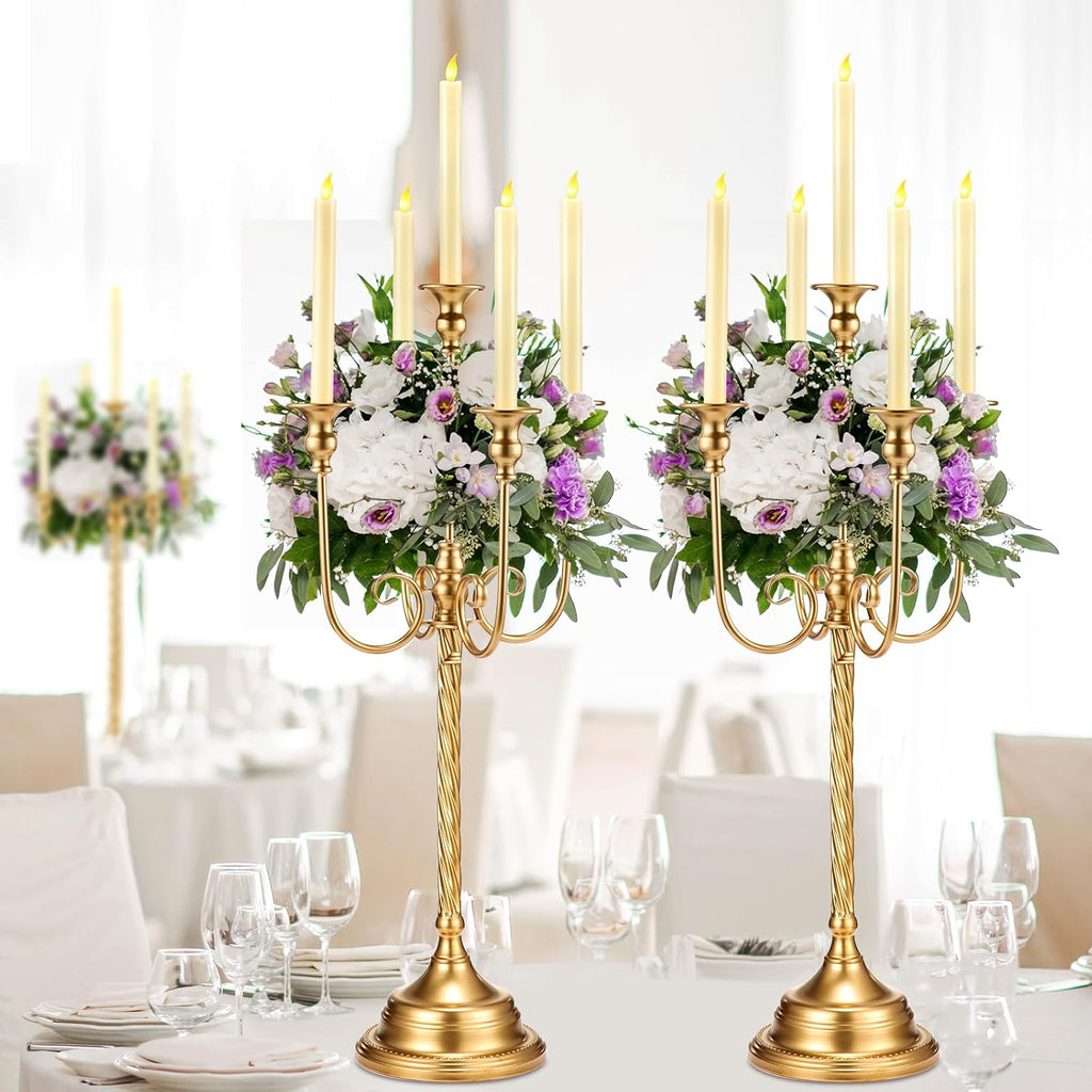Rtteri 10 Pcs Gold Candelabra Candlestick Holder Metal Candle Stand Candelabra for Taper Candles Table Centerpieces Wedding Christmas Holiday Birthday Party (12.2 x 12.2 x 26.4 Inch,5 Arm)