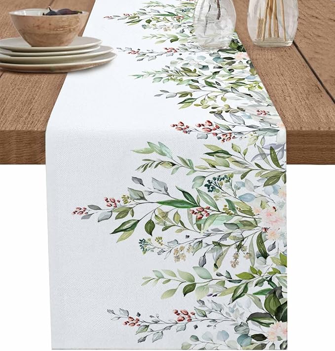 Botanical Eucalyptus Cotton Linen Table Runner for Dining Kitchen, Wedding Outdoor Party Tablerunners Decoration, Sage Green Leaves Elegant Floral Dresser Scarf Coffee Tablecloth Runners 13x90 Inches