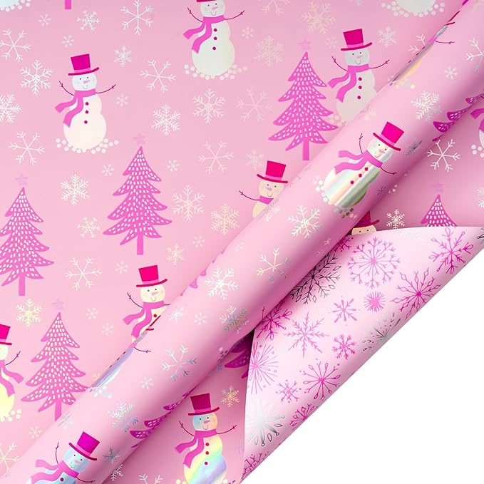 LeZakaa Christmas Pink Wrapping Paper Jumbo Roll, Snowman Christmas Tree & Snowflake Metallic Foil, Rose Gold Foil Reversible Design for Festive Winter Holiday, Family Gathering, 30 inches x 100 Feet