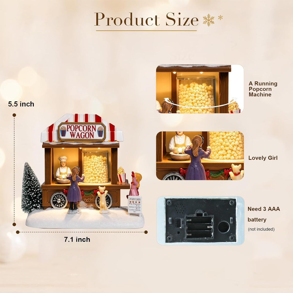 mumtop christmas village house, animated popcorn wagon with, close-up detail