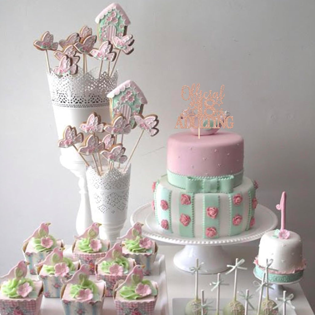 1 Pack Official Adulting 18 Cake Topper Glitter Happy 18th Birthday Cake Pick Cheers to 18 Years Old Cake Decorations for 18th Adult Birthday Party Supplies Rosegold