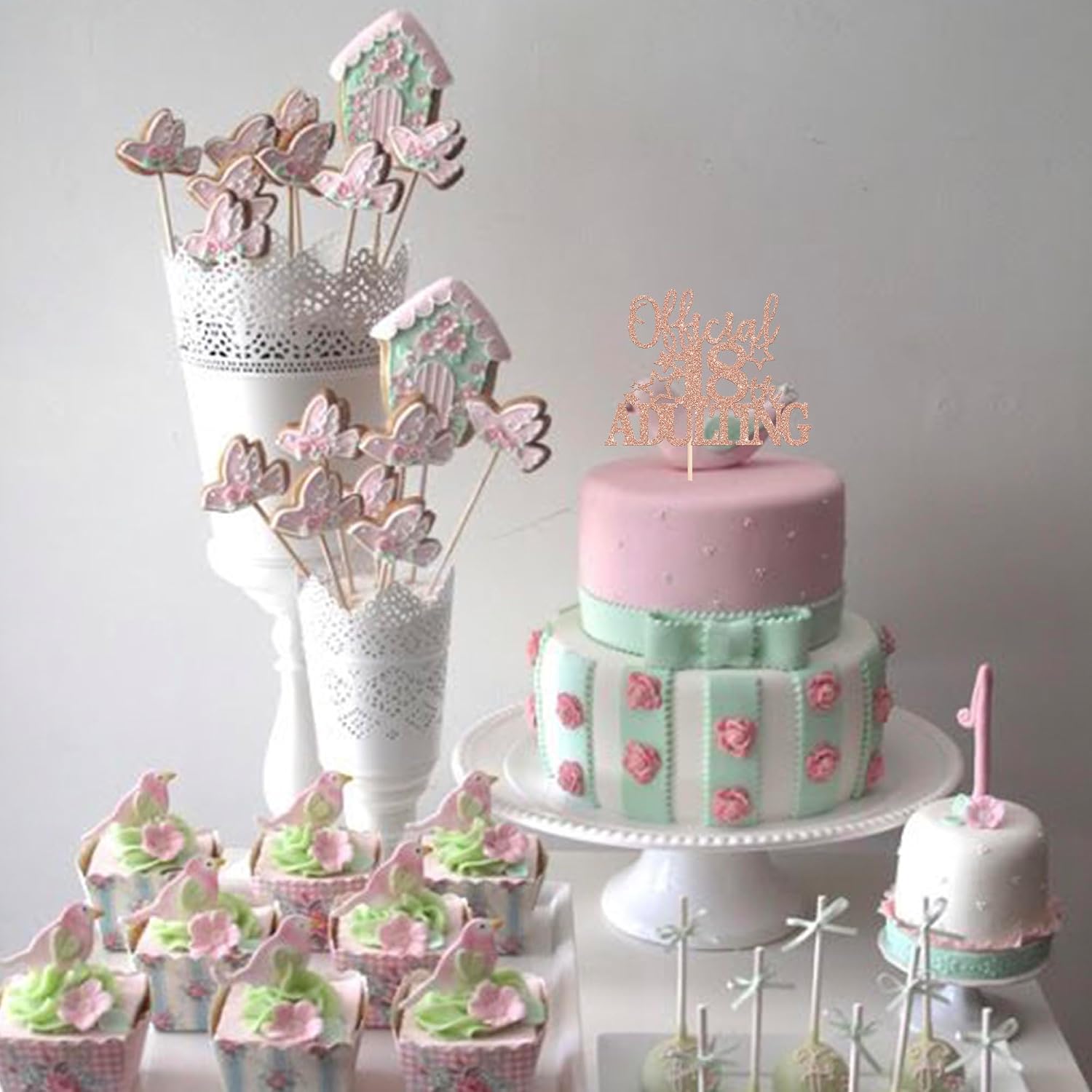 1 Pack Official Adulting 18 Cake Topper Glitter Happy 18th Birthday Cake Pick Cheers to 18 Years Old Cake Decorations for 18th Adult Birthday Party Supplies Rosegold