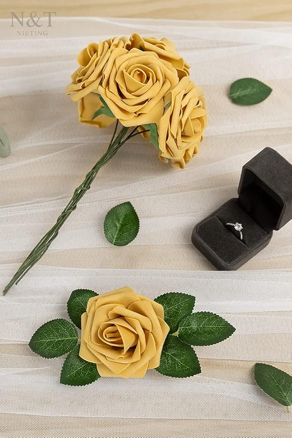 N&T NIETING Artificial Flowers 50pcs Real Looking Gold Yellow Foam Fake Roses with Stems for DIY Wedding Bouquets White Bridal Shower Centerpieces Arrangements Party Tables Decorations