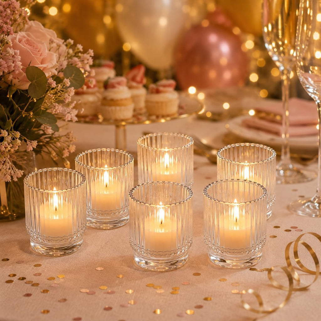 Kate Aspen Vintage Ribbed Red Glass Candle Holders Set of 6 - Votive & Tealight Candle Holder Decor for Holiday Table Decor, Christmas Dining Tablescape, Fall & Boho Home Accents (Clear)